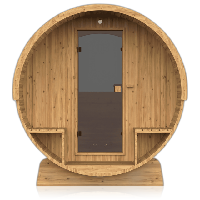 Barrel 210, sauna NODO, vue de face, posé au sol