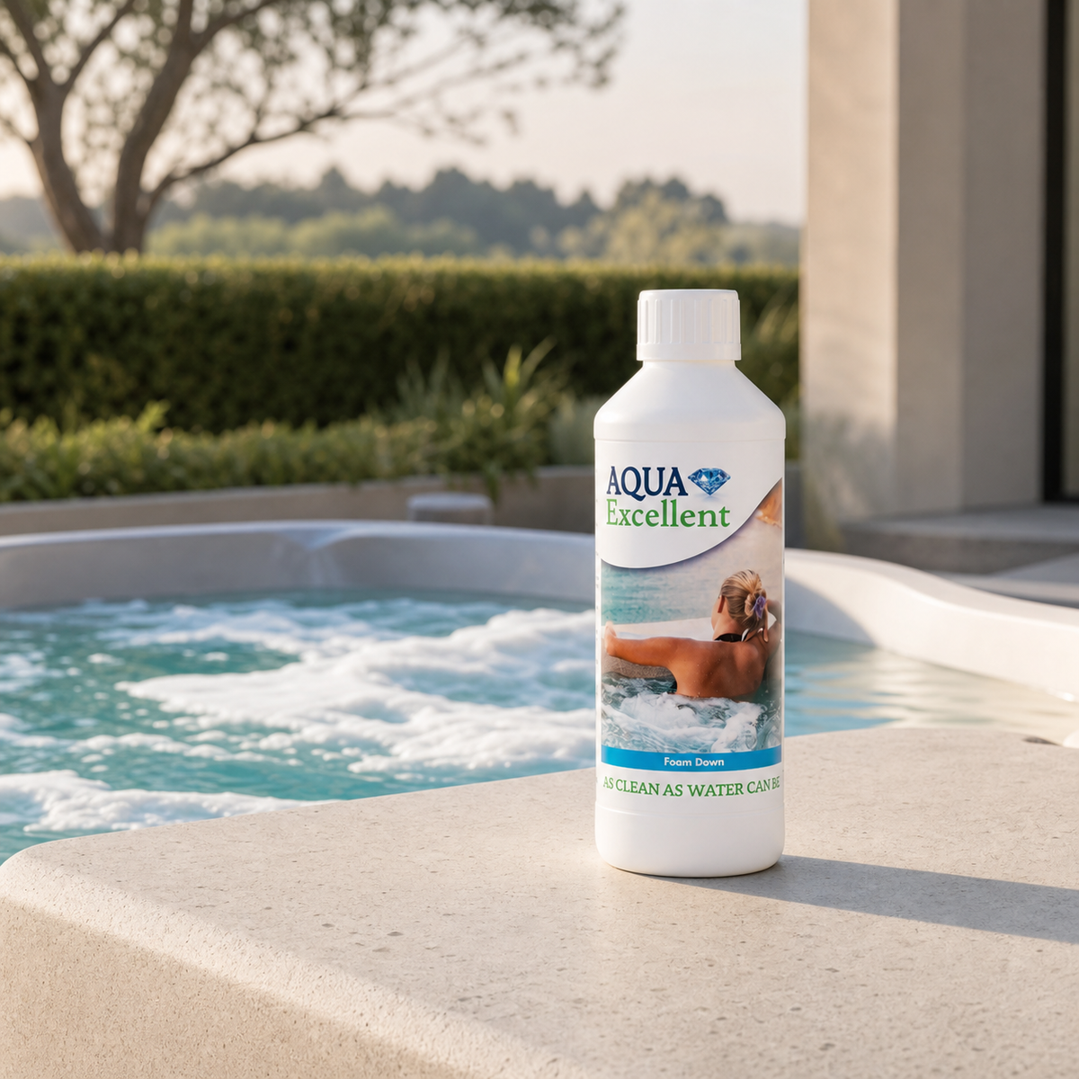 Aqua Excellent Anti-Mousse 0,5 L presentado junto a un spa