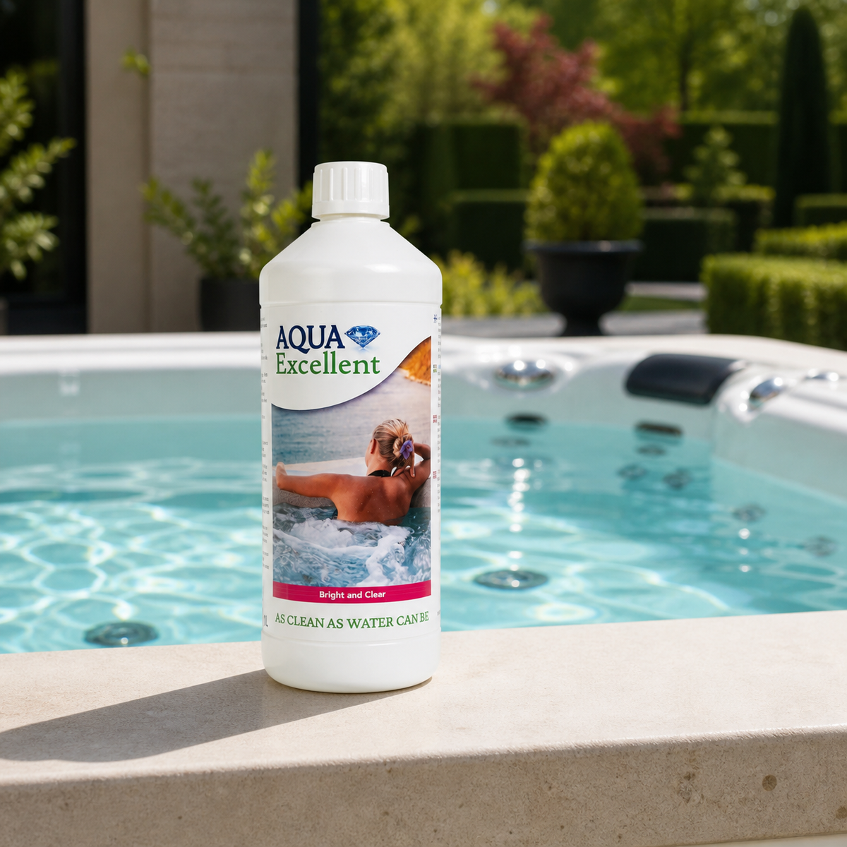 Aqua Excellent Bright & Clear 1 L junto a un spa con agua clara
