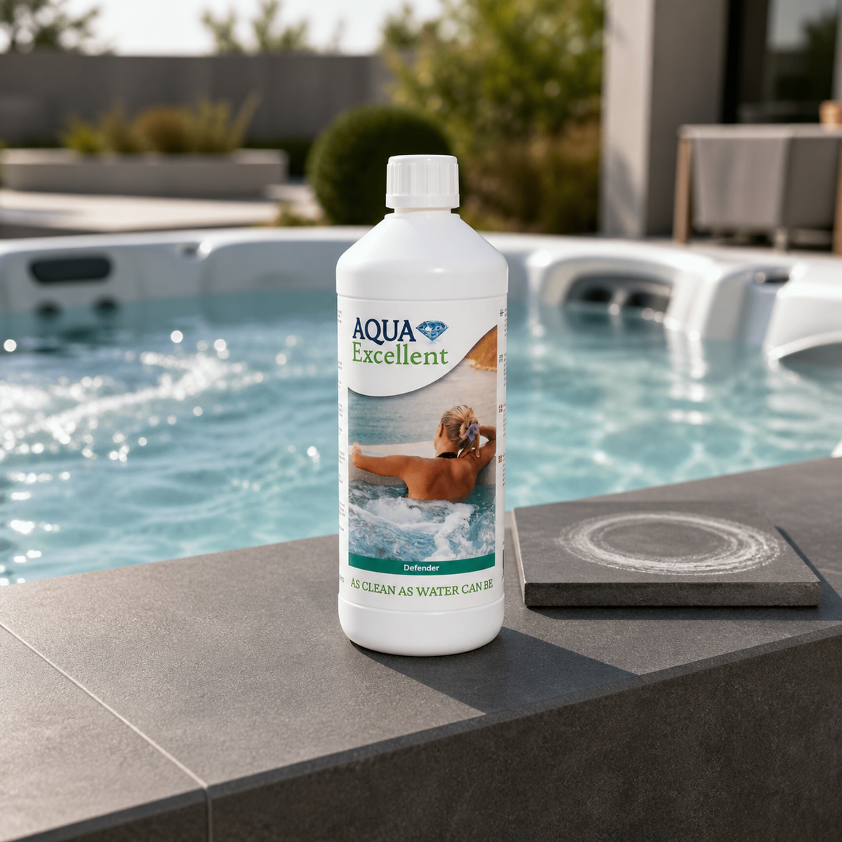 Aqua Excellent Defender 1 L presentado en el borde de un spa