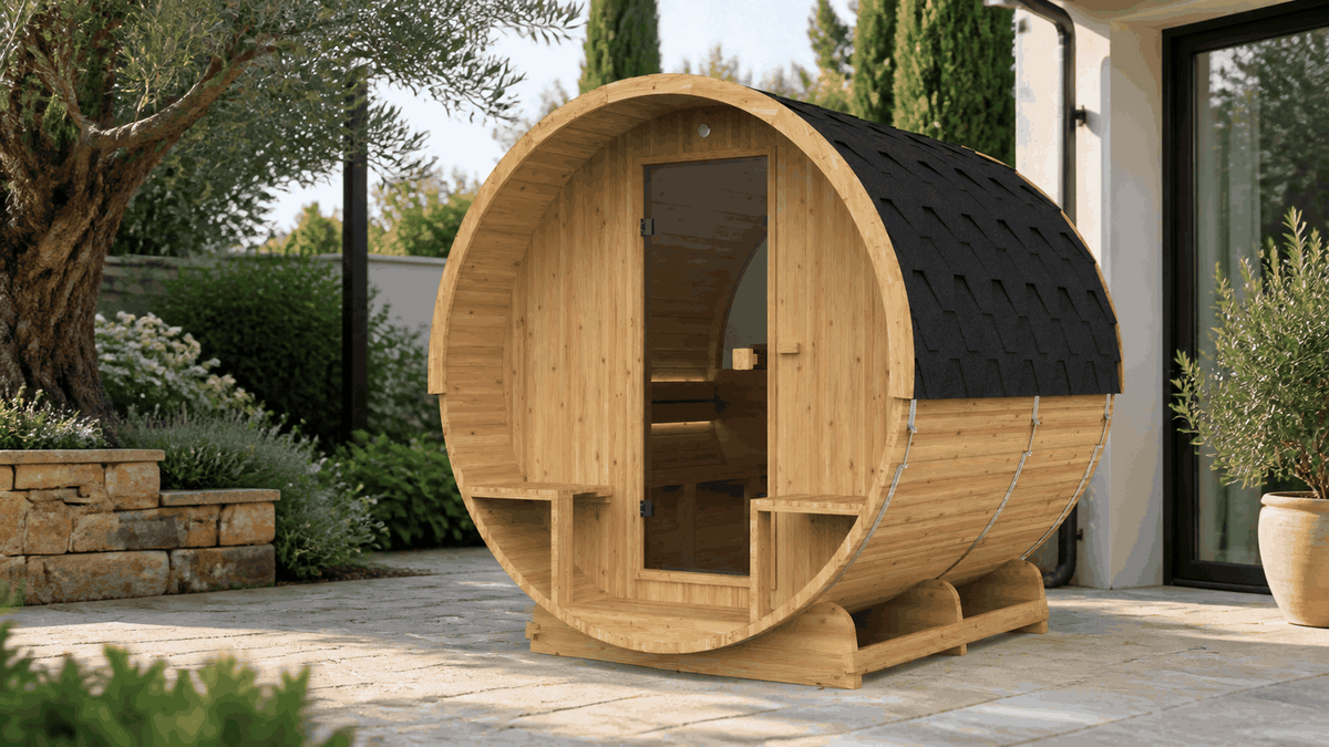 Sauna exterior Barrel 210 instalada en un jardín paisajístico
