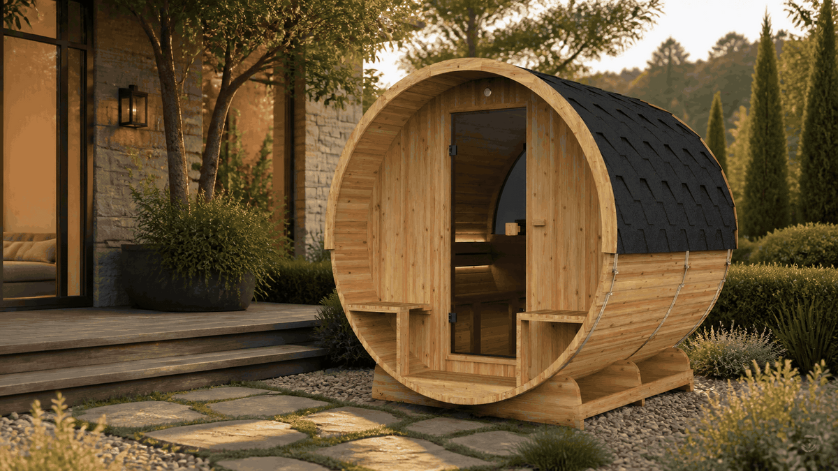 Sauna exterior Barrel 250 instalada en un jardín paisajístico