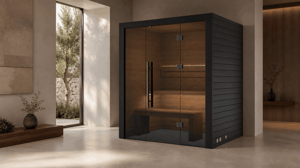 Sauna interior Nero 160 instalada en un espacio de bienestar residencial contemporáneo