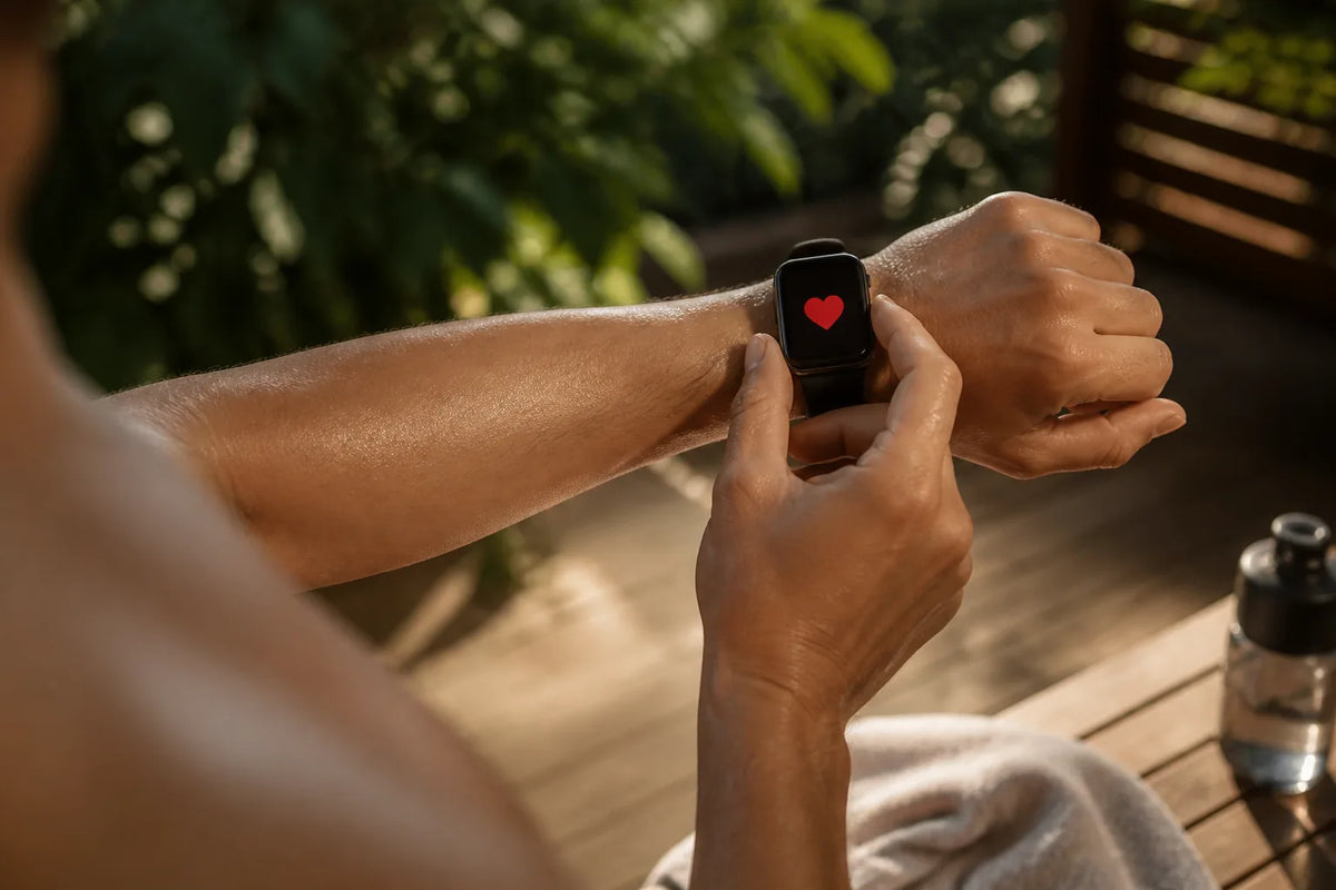 Barrel 210 - sauna exterior de 4-6 plazas con un primer plano de un reloj inteligente que solo muestra un símbolo de corazón rojo