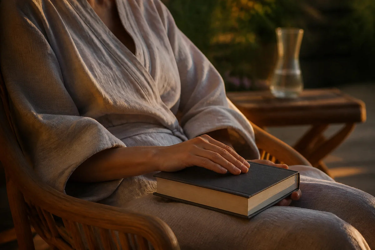 Barrel 210 - sauna exterior de 4-6 plazas a la luz del atardecer con un albornoz y un libro para la transición al descanso