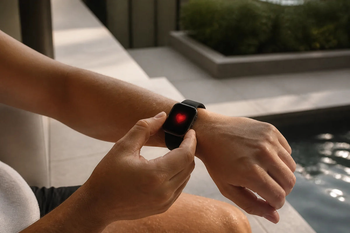 Cube 160 - sauna exterior de 2-3 plazas con un primer plano de un reloj inteligente que solo muestra un símbolo de corazón rojo