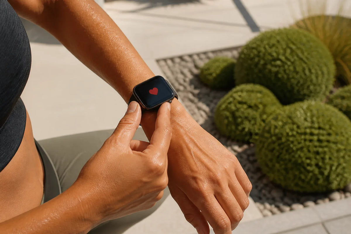 Cube 210 - sauna exterior de 4 plazas con un primer plano de un reloj inteligente que solo muestra un símbolo de corazón rojo