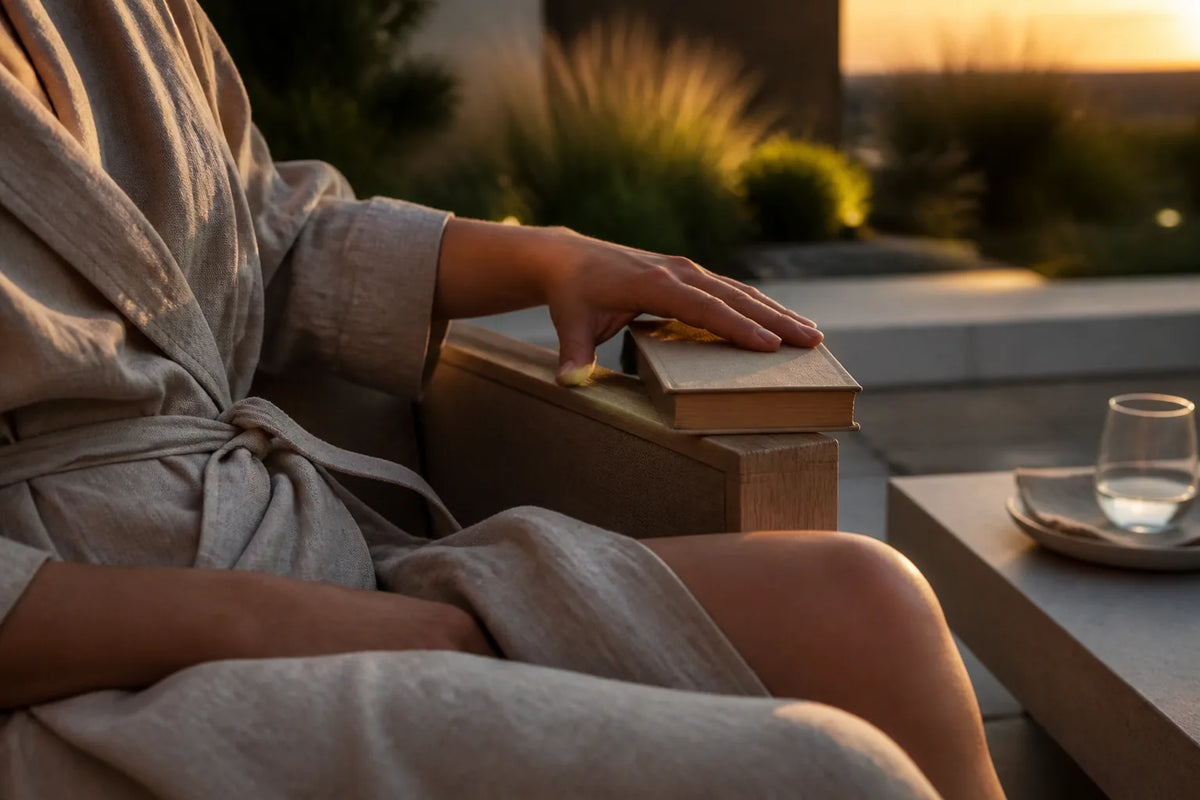 Cube 210 - sauna exterior de 4 plazas a la luz del atardecer con un albornoz y un libro para la transición al descanso