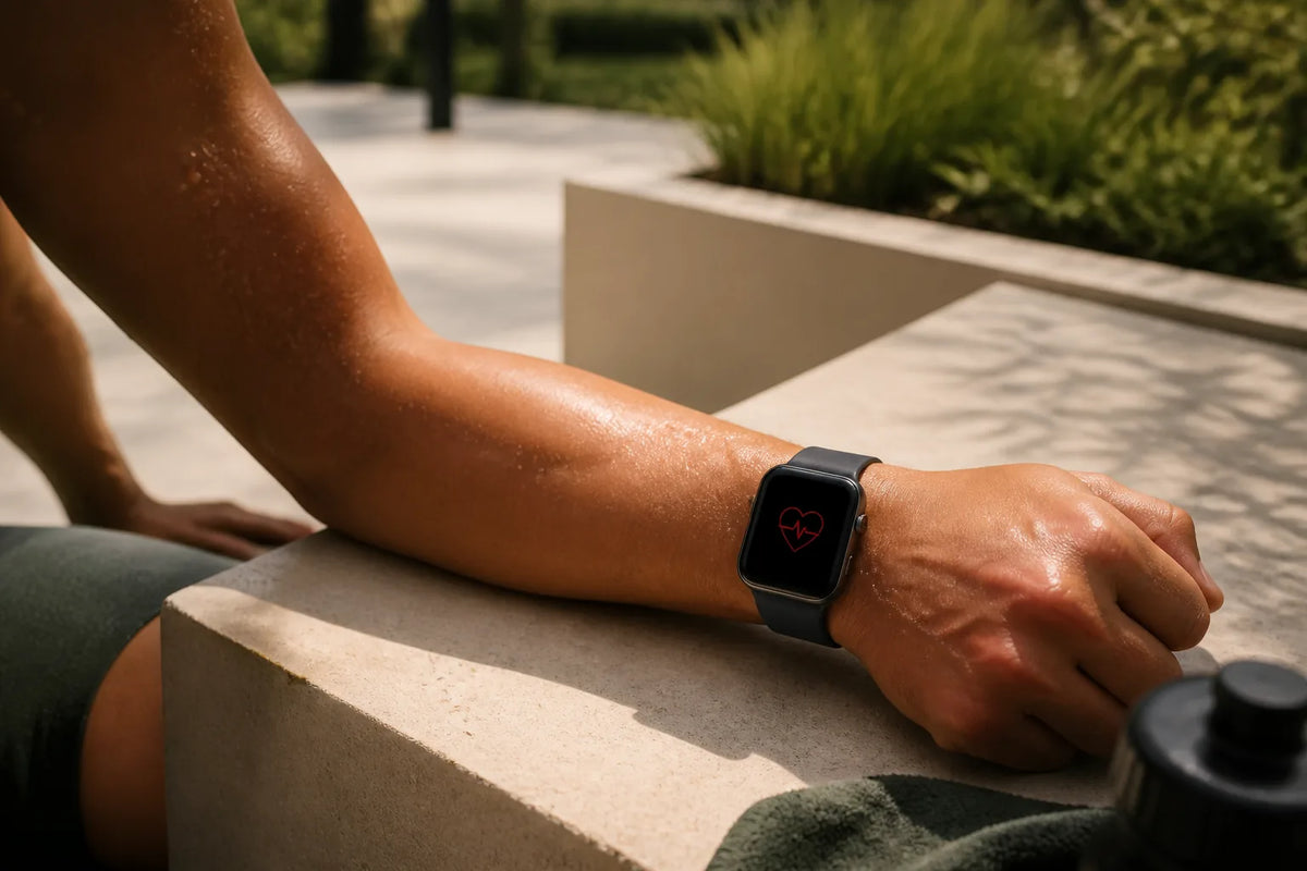 Cube 250 - sauna exterior de 5-6 plazas con un primer plano de un reloj inteligente que solo muestra un símbolo de corazón rojo