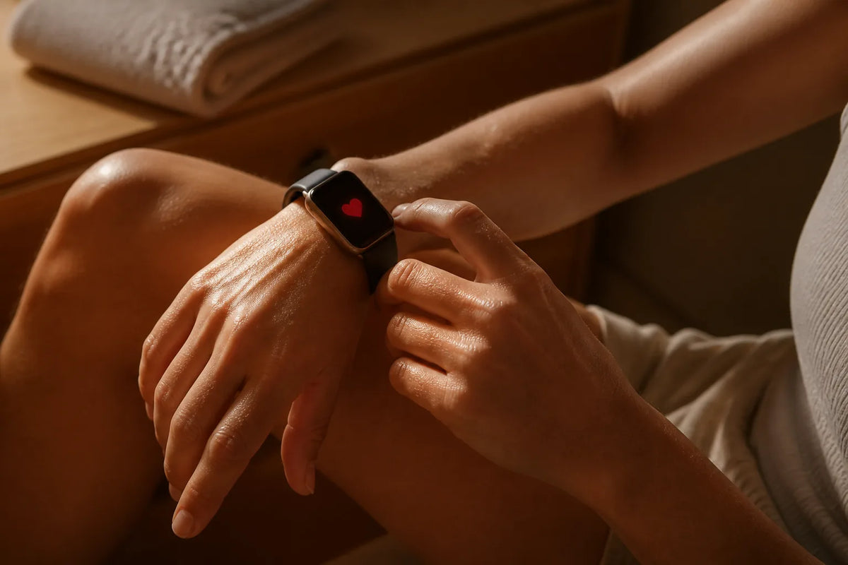 Infrared 130 - sauna de infrarrojos de 2 plazas con un primer plano de un reloj inteligente que solo muestra un símbolo de corazón rojo