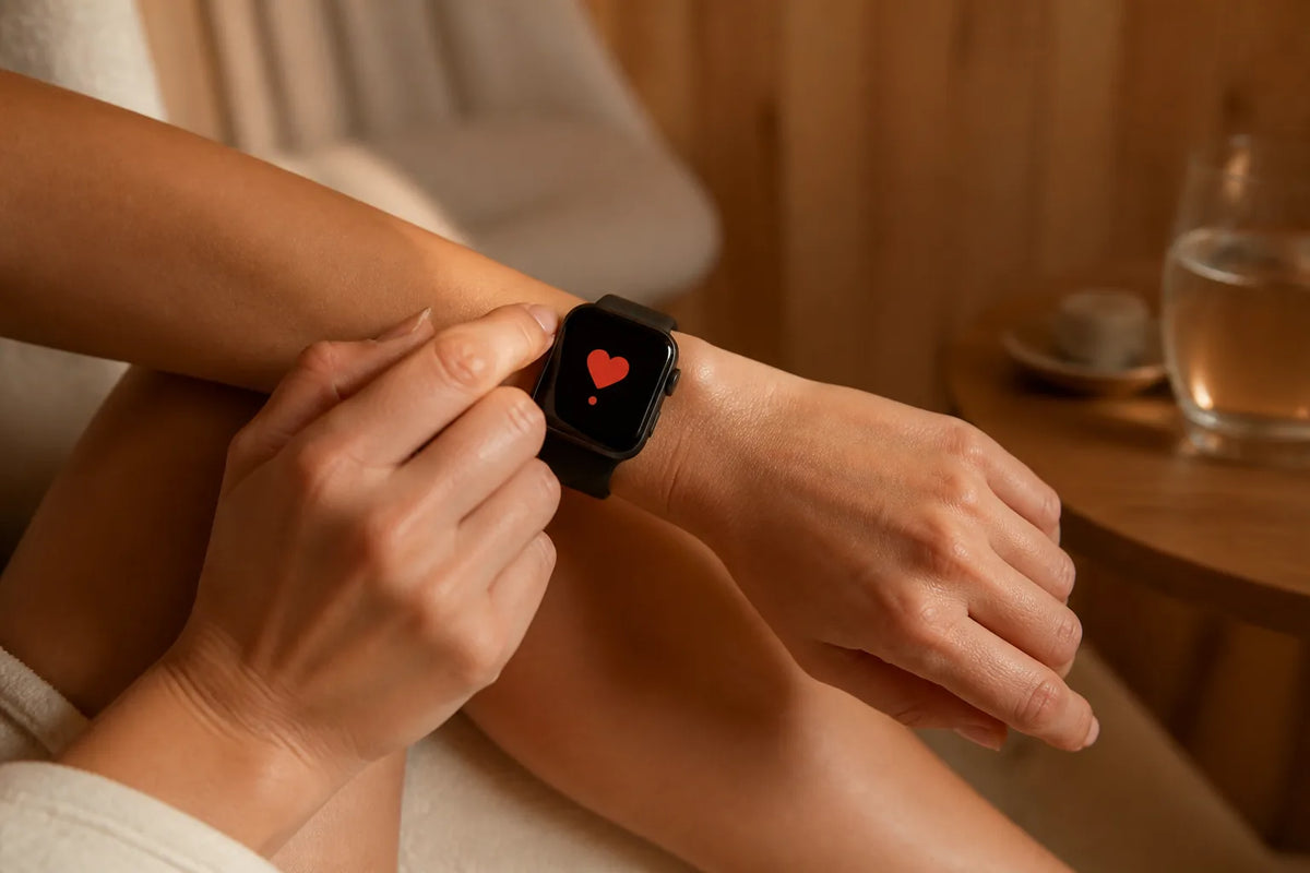 Infrared 160 - sauna de infrarrojos de 2 plazas de gran formato con un primer plano de un reloj inteligente que solo muestra un símbolo de corazón rojo