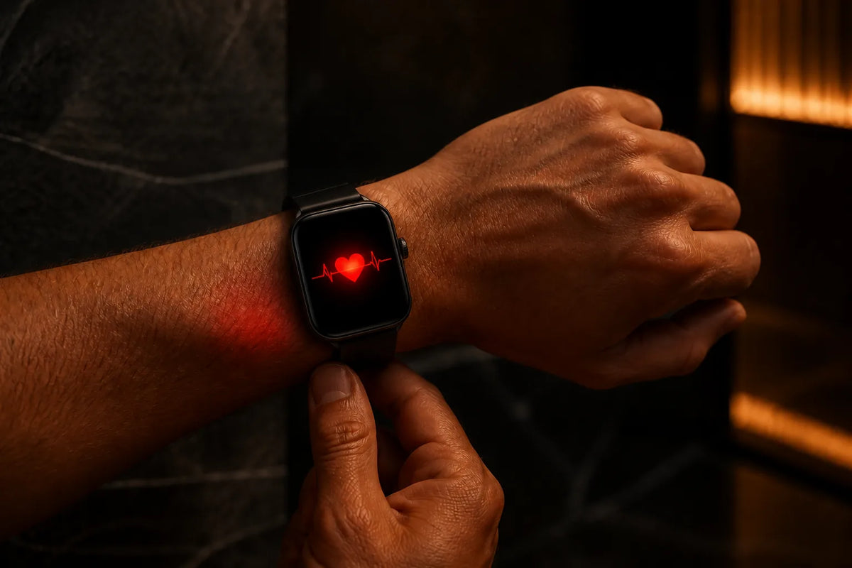 Nero 160 - sauna interior de 2-3 plazas con un primer plano de un reloj inteligente que solo muestra un símbolo de corazón rojo