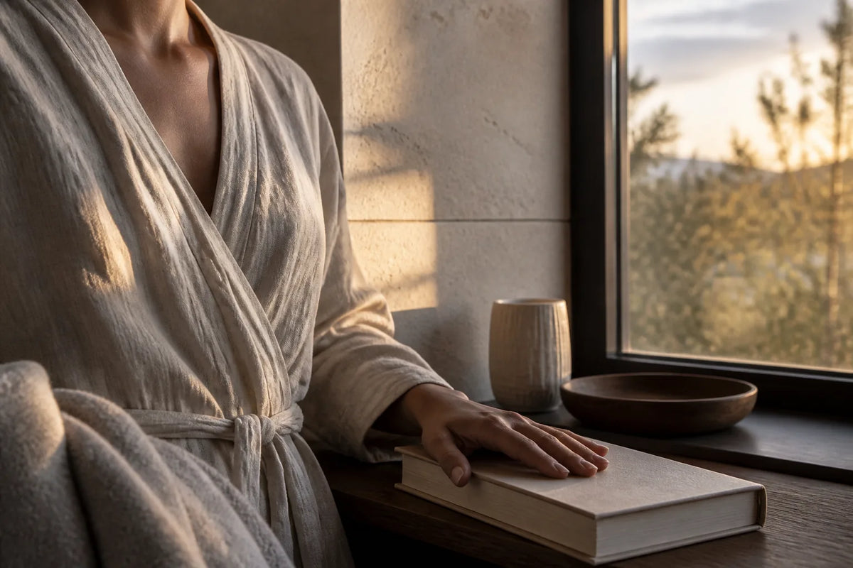 Nero 210 - sauna interior de 3-4 plazas a la luz del atardecer con un albornoz y un libro para la transición al descanso
