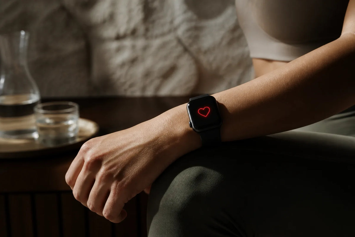 Nero 220 - sauna interior de 6 plazas con un primer plano de un reloj inteligente que solo muestra un símbolo de corazón rojo