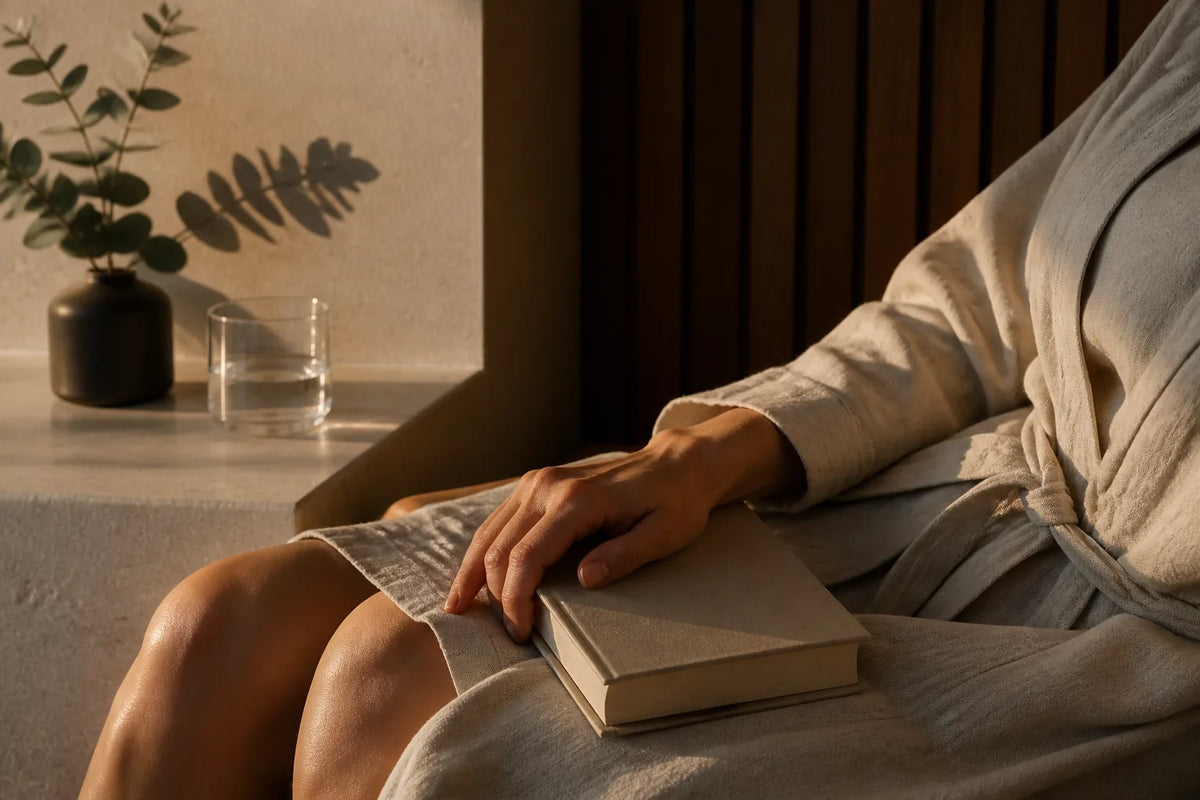 Nero 220 - sauna interior de 6 plazas a la luz del atardecer con un albornoz y un libro para la transición al descanso