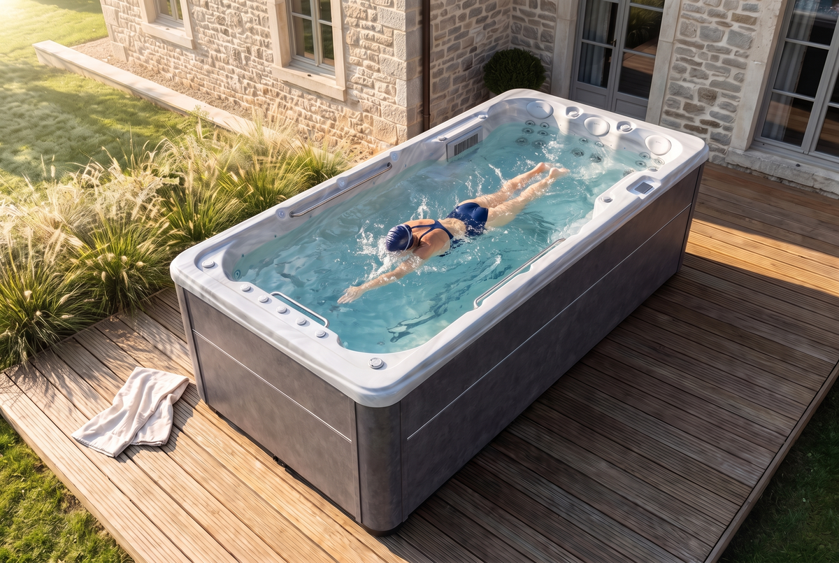 Una nadadora se enfrenta a los jets a contracorriente del SwimFlow Odyssey en una terraza de madera.