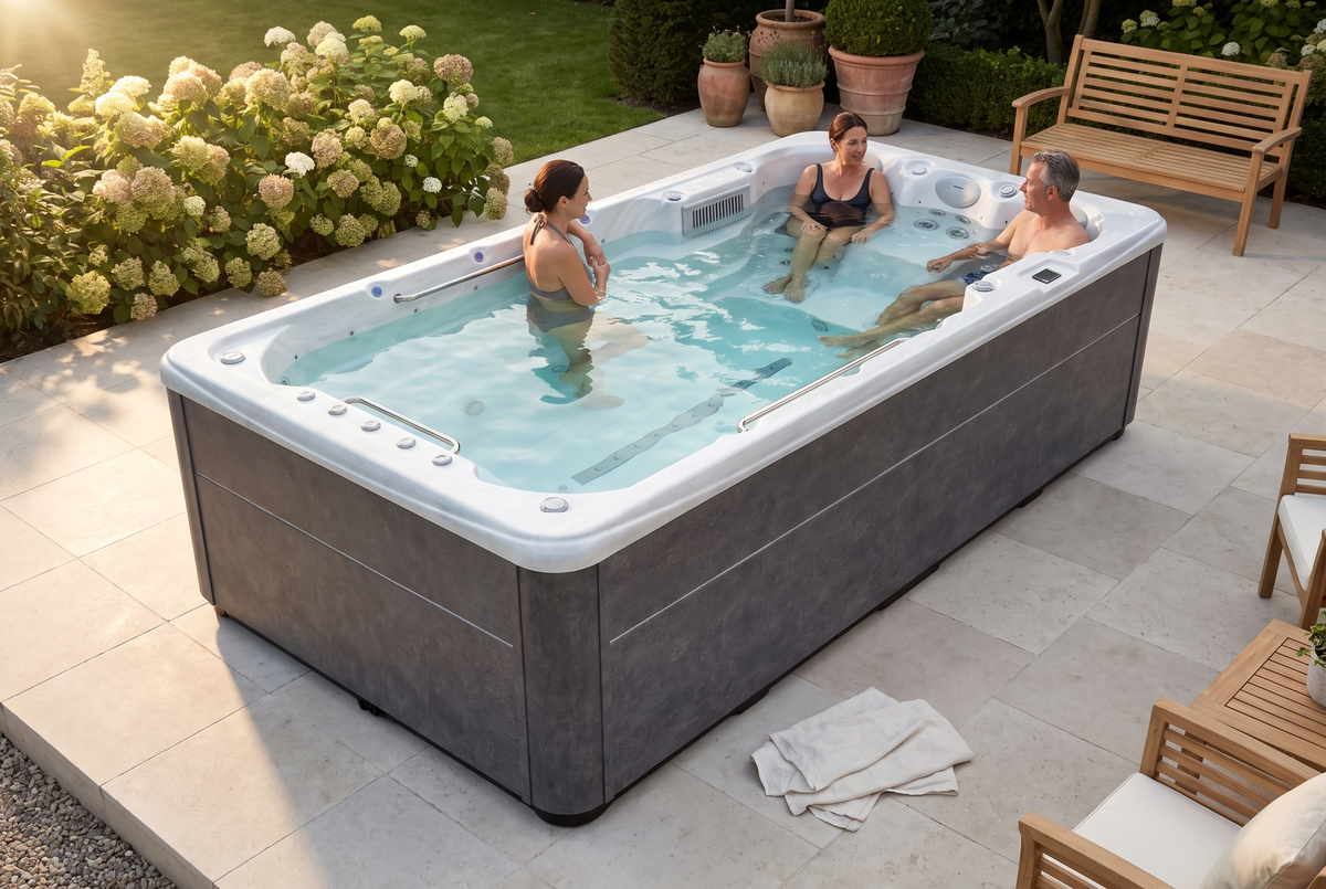 Tres adultos disfrutan del SwimFlow Sterling Marble en un jardín florido.
