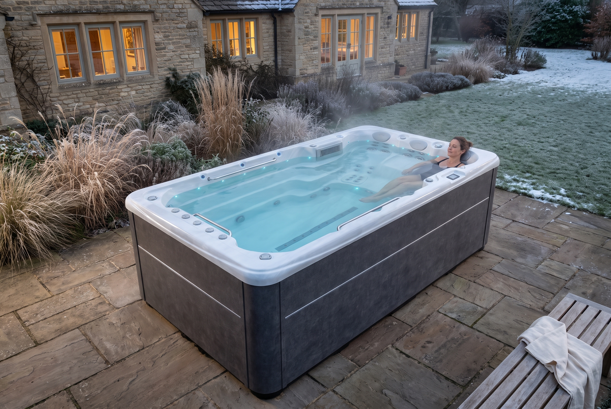 Relajación en el SwimFlow Sterling Marble climatizado, en un jardín helado al anochecer.