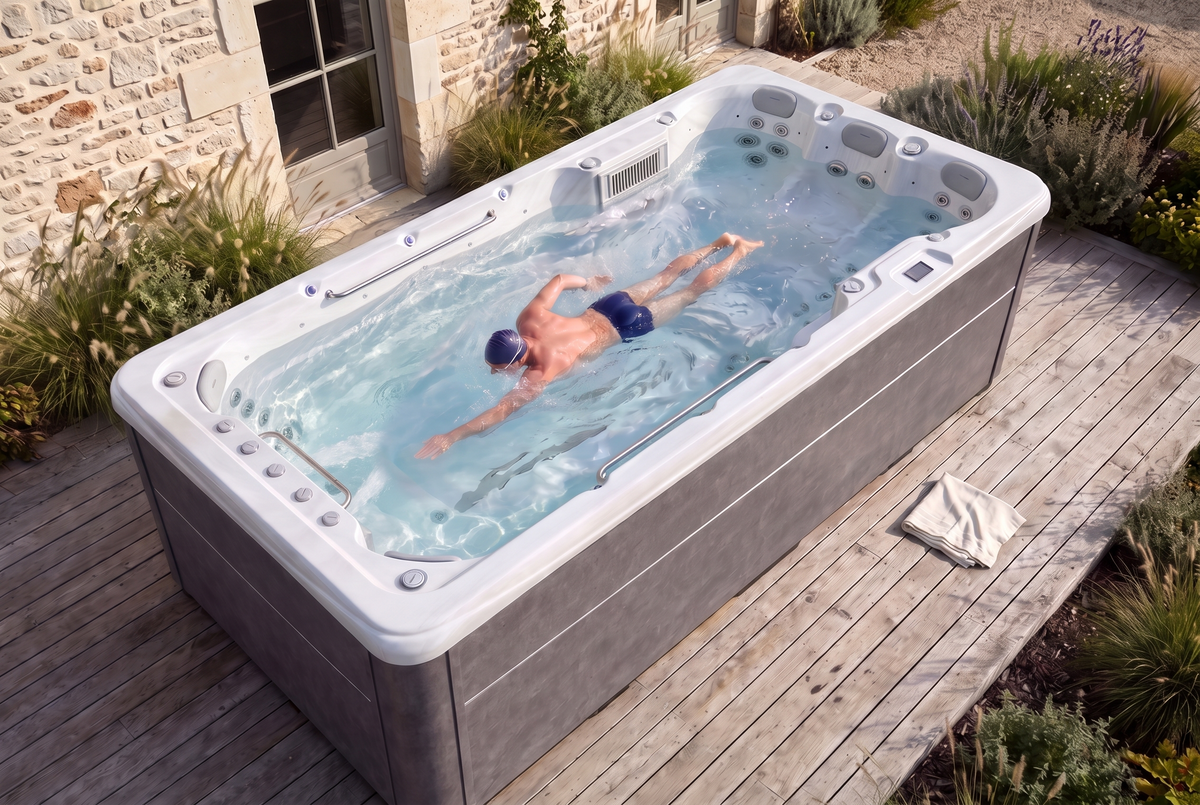 Nage à contre-courant dans le SwimFlow White, sur une terrasse en bois entourée d’un jardin.