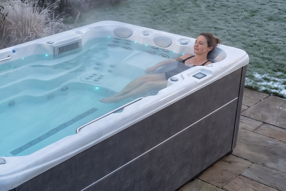 Una mujer se relaja en una plaza de masaje del SwimFlow Sterling Marble durante una noche de invierno.