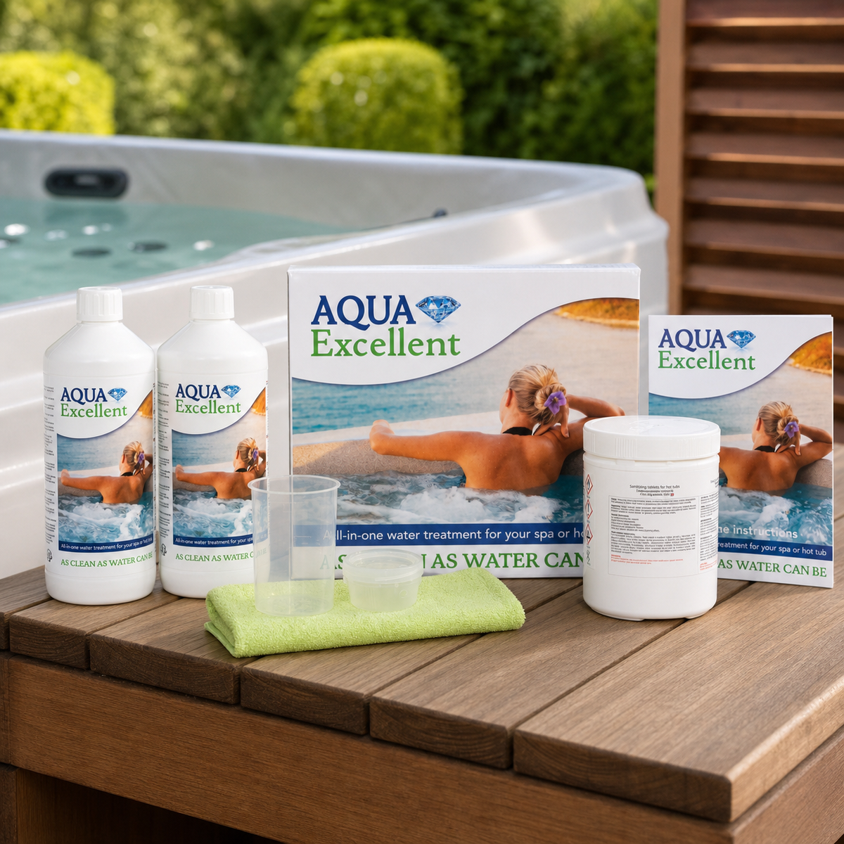 Pack Aqua Excellent 4 mois presentado en el borde de un spa