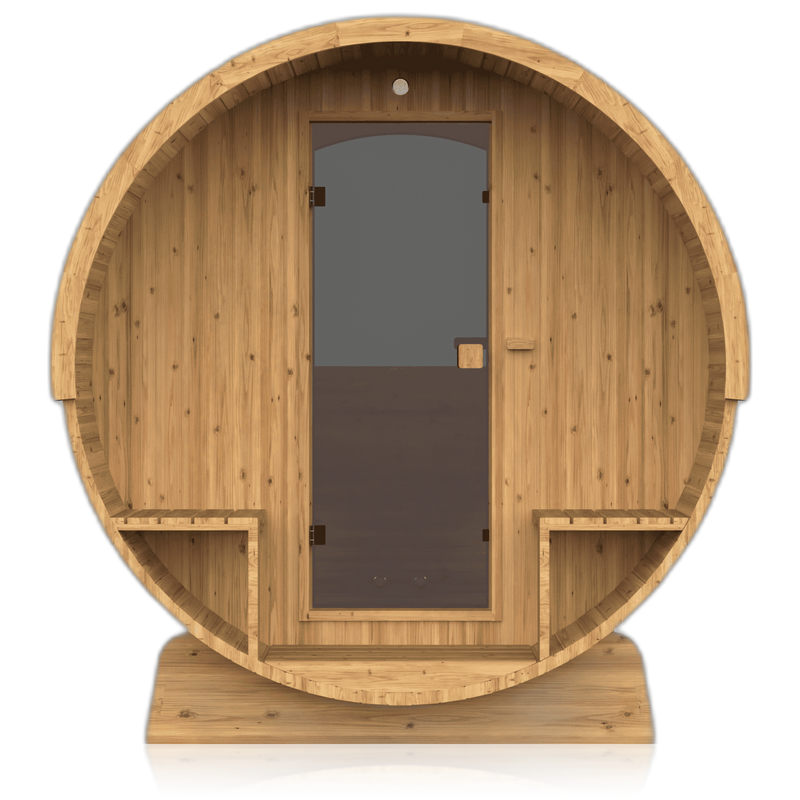Barrel 210, sauna NODO, vue de face, posé au sol