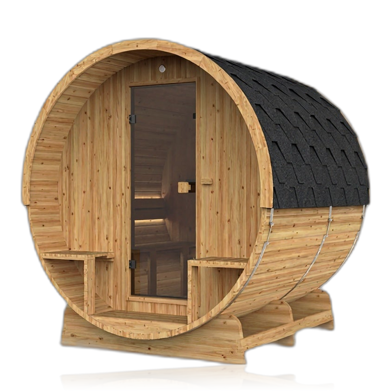 Barrel 210, sauna NODO, vue 3, posé au sol